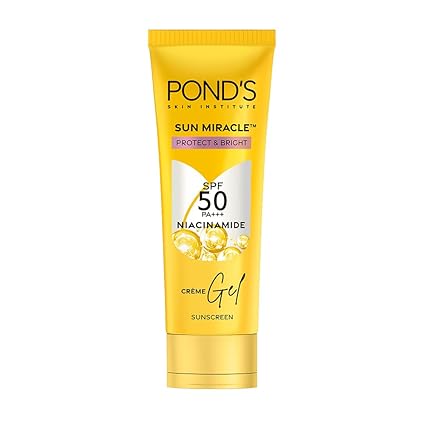 POND’S Sun Miracle SPF 50 PA+++ Crème Gel Sunscreen -Protect & Bright, With 3% Niacinamide, Fade Dark Spots in 4 Weeks, Lightweight, No White Cast 50g