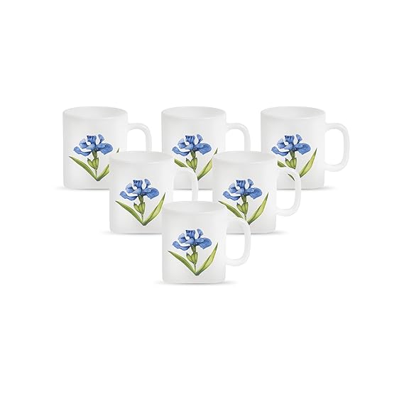 La Opala Diva, Opal Glass Crockery | Coffee Mug Cylinder Regular, Set of 6 | Royal Iris, 190 ml | for Tea & Coffee | Microwave Safe | 100% Vegetarian | Extra Strong | Super Light | Super White