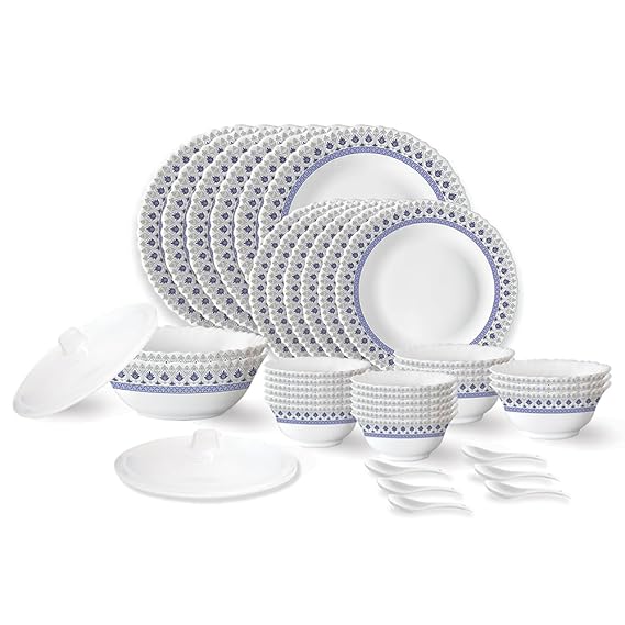 Larah by Borosil Ocean Fluted Series Opalware Dinner Set | 40 Pieces for Family of 6 | Microwave & Dishwasher Safe | Bone-Ash Free | Crockery Set for Dining & Gifting | Plates & Bowls | White