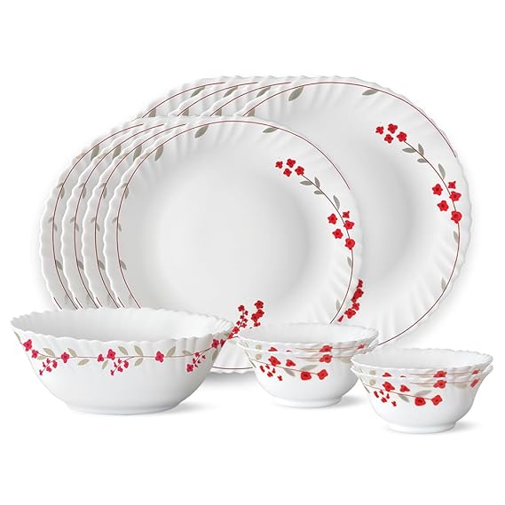 Larah by BOROSIL Fluted Series Verona Opalware Dinner Set | 13 Piece for Family of 4 | Microwave & Dishwasher Safe | Bone-Ash Free | Crockery Set for Dining & Gifting | Plates & Bowls | White