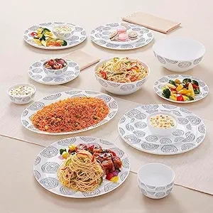 Larah By Borosil Moon Moonbeam Dinner Set - 21 Pcs, Opal Glass Dinner Plates & Bowls Crockery Set for Dinning, White
