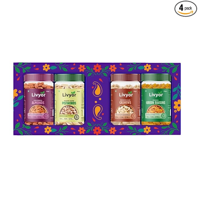 Livyor Premium Dry Fruits Combo Pack for eating - 400g | 100g each | Cashews, Pistachios, Almonds, Green Raisins | Family Snacks Pack | Winter Essentials | Combo of 4 Healthy Assortments | Dry Fruits & Nuts Combo | Nutrient-Rich Treats for Family | Healthy and Tasty | Gourmet Snack | Best Gifting Option | Pack of 4