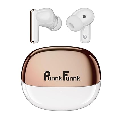 PunnkFunnk FusionBeat Wireless Earbuds 40H Playtime, 45ms Low Latency, 13mm Bass Drivers, Zen ENC Mic, IPX5 Water-Resistant, Bluetooth 5.3, Type-C Fast Charging(White & Gold)