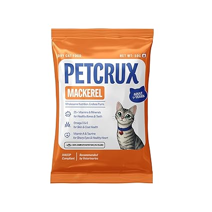 Petcrux Dry Adult Cat Food, Mackerel Fish Flavor, with Omega 3 & 6 and Taurine, Complete & Balanced Nutrition for Adult Cats, Trial Pack 50 g