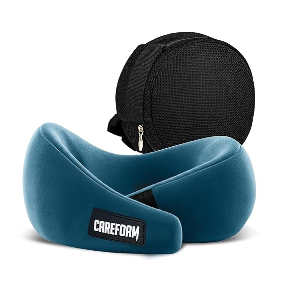 CareFoam Virgin Memory Foam Travel Neck Pillow for Airplane, Car & Train – Dual Height (5" & 4") 360° Neck Support with Adjustable Velcro Fastening & Ultra-Soft Velvet Cover