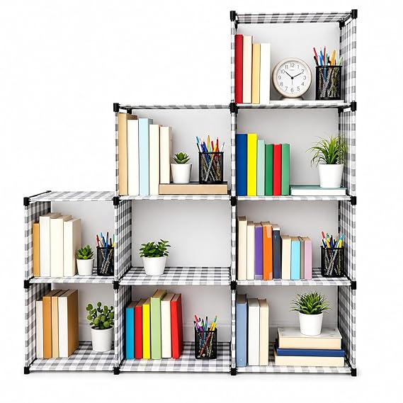 9-Cube Organizer, Stepped Design, Black Frame with Grey Checkered Pattern, 138x130x30 cm
