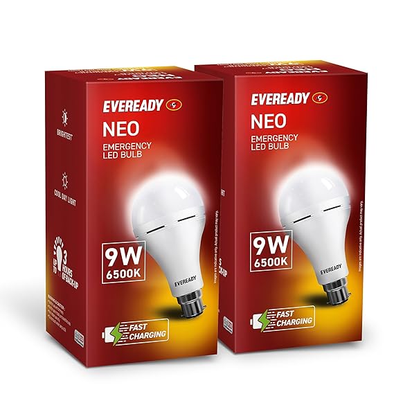 Eveready 9W Emergency Inverter LED Bulb, Cool Day Light (6500K), Rechargeable Bulb with 3 Hours Backup, Ideal for Powercuts, Energy Efficient, B22 Base, Pack of 2