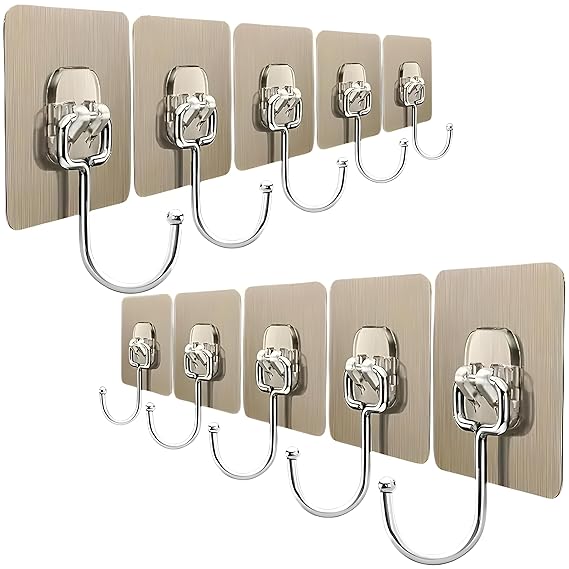 JIALTO 10 Pcs Heavy Duty Adhesive Big Hooks Set - Waterproof Stainless Steel Hooks for Bathroom, Kitchen, Home & Office - Rustproof Towel and Coat Hangers
