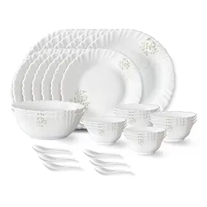 Larah by Borosil Ingot Fluted Series Opalware Dinner Set | 33 Pieces for Family of 6 | Microwave & Dishwasher Safe | Bone-Ash Free | Crockery Set for Dining & Gifting | Plates & Bowls | White