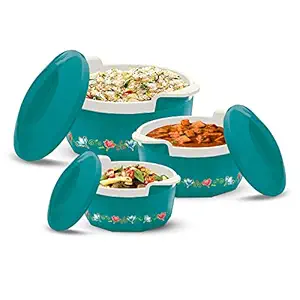 MILTON Elegance Jr. Inner Stainless Steel Casserole Gift Set Of 3 (395 Ml, 750 Ml, 1.35 Litres), Green | Pu Insulated | Bpa Free | Food Grade | Hot & Cold | Easy To Carry, Blue-Green