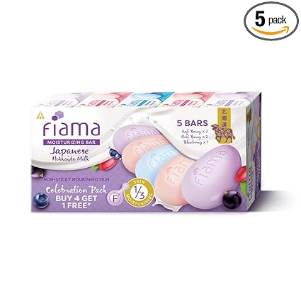 Fiama Skin Barrier Strengthening Moisturizing Soap Bar 125gx5, Japanese Hokkaido Milk Celebration Pack of 5, Non-Sticky Soft Skin | 1/3rd Moisturizers | Blueberry, Goji Berry & Acai Berry Combo pack