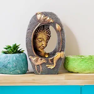 Polyresin Buddha Fountain for Home Decor with LED Lights | 33x17x49.5 cm | Fountain for Living Room/Hall/Office/Garden D?cor Gifting | Bronze Color