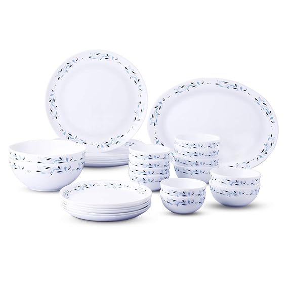 Larah by Borosil - Moon Series, Skyleaf 27 Pieces Opalware Dinner Set, White