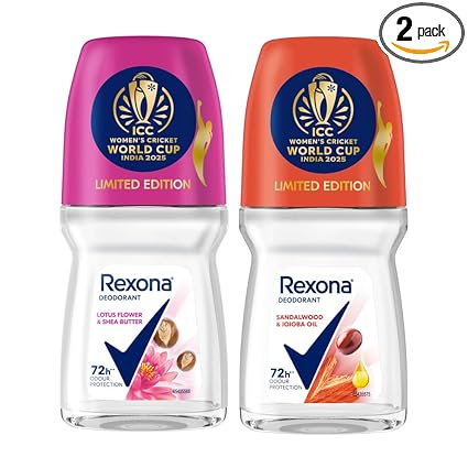 Rexona Lotus Flower & Shea Butter and Sandalwood & Jojoba Oil Antiperspirant Roll-On | for Women | Limited Edition Pack - ICC Women’s Cricket World Cup India 2025 |50 ML (Pack of 2)