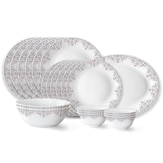 Larah by Borosil Lark Fluted Series Opalware Dinner Set | 21 Pieces for Family of 6 | Microwave & Dishwasher Safe | Bone-Ash Free | Crockery Set for Dining & Gifting | Plates & Bowls | White