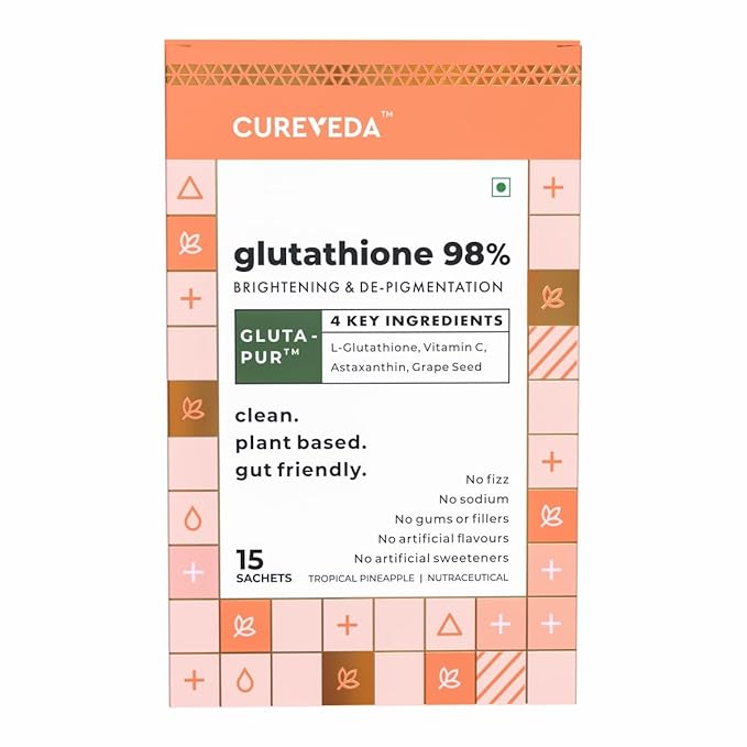 Cureveda Glutathione 98% + pur | High Absorption Powder for Skin Brightening, Anti-Aging & Detox | Naturally Fermented L-Glutathione with Vitamin C, Grape Seed extract & Astaxanthin| 15 Sachets (Pineapple Flavor)