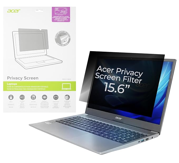 acer 15.6" Privacy Screen Filter – 60° viewing angle, anti-glare, blue light filter, antimicrobial protection. Dual-sided: glossy or matte. Includes 4 attachment options. Designed by Targus.