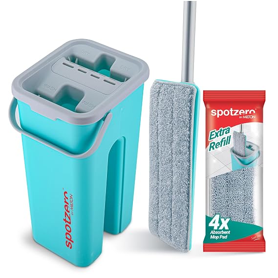 Spotzero By Milton 2-1 Flat Mop I Wash and Dry Chamber I Flexible Head I Premium 4X Absorbent Microfiber Refills I Floor Plus Wall Mop I Long Handle I Compact- Lightweight I 2.8 Litre
