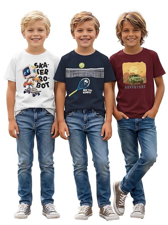 HELLCAT Boys Round Neck Printed Blended Cotton Tshirt -Combo Pack of 2 - Orange/Blue