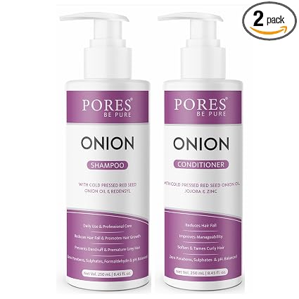 PORES Be Pure Onion Shampoo and Conditioner Combo for Hair Growth & Hair Thickness | Sulfate & Paraben Free | Anti-Dandruff, Hair Fall Control, Deep Nourishment for Dry & Damaged Hair | Unisex Formula ( 250 ml X 2 )