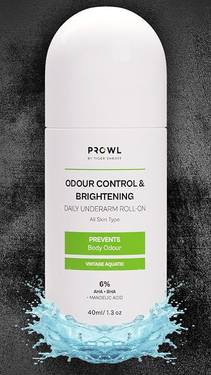 PROWL by Tiger Shroff 6% AHA BHA Mandelic Acid Underarm Roll On For Man | Brightens Dark Underarms | Long Lasting Antiperspirant Odour Control Rollon | Non-Sticky | Vintage Aquatic, 40ml