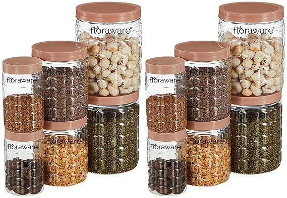 FLORAWARE Jar Container, Set of 12 (4 pcs x 280 ml Each, 4 pcs x 500 ml Each, 4 pcs x 1000 ml), Kitchen Organiser, BPA Free, Stackable