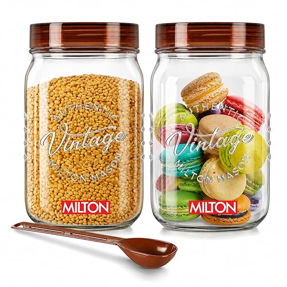 MILTON Vintage Plastic Storage Jar and Container Set, Airtight & BPA Free Containers for Kitchen Storage, Grocery Kitchen Container Stoarge, Multipurpose Transparent Jar, 1000 ML Each, Set of 2