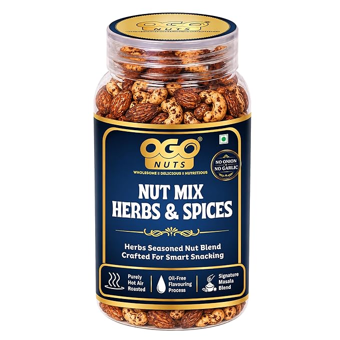 OgoNuts Herbs & Spices Nut Mix, 200g | Hot Air Roasted Almonds and Cashews | Aromatic Herb & Spice Seasoning | No Onion No Garlic | Oil-Free Roasted Gourmet Nut Snack for Tea Time, Travel & Office