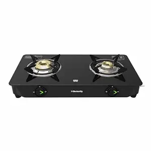 Butterfly Bleu Ray 2 Burner Glass Top Gas Stove | Removable Drip Tray | Brass Burner Gas Stove with Tri‑Flow Jumbo Burner